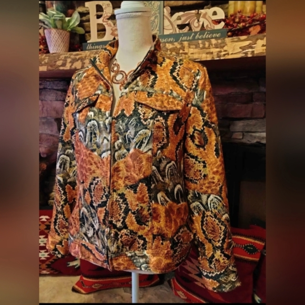 Chico's Brocade Gold Snake Print Zip-Up Jacket